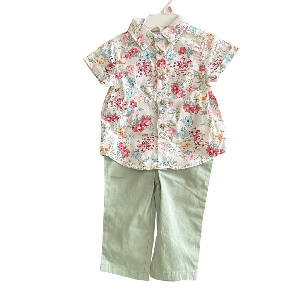 First Impressions New Boys 6-9Month 2Pc Short Sleeve Floral Shirt and Sage Pants